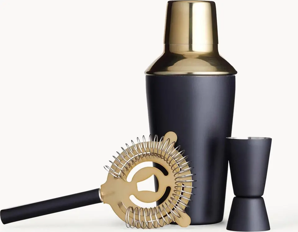 Cocktail-Set Schwarz Gold 3-teilig mit Shaker, Messbecher und Rührstab für stilvolle Drinks