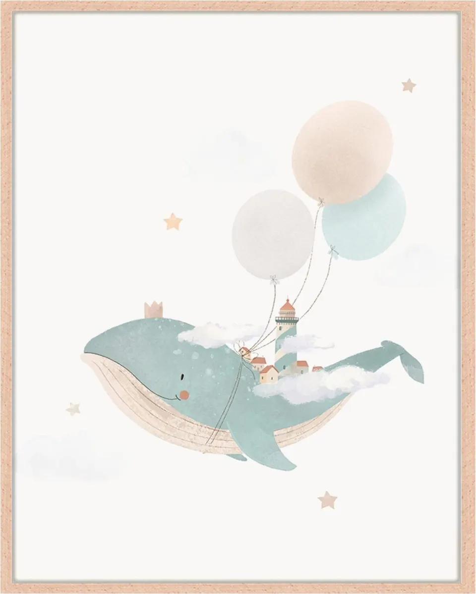 Gerahmter Digitaldruck Whale Flying mit abstraktem Wal und Flugmotiven in modernem Design