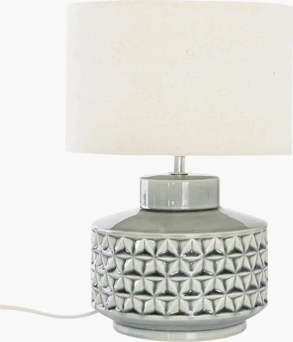 Kleine Keramik-Tischlampe Monica mit natürlichem Leinenschirm und elegantem Design für Wohnzimmer und Schlafzimmer