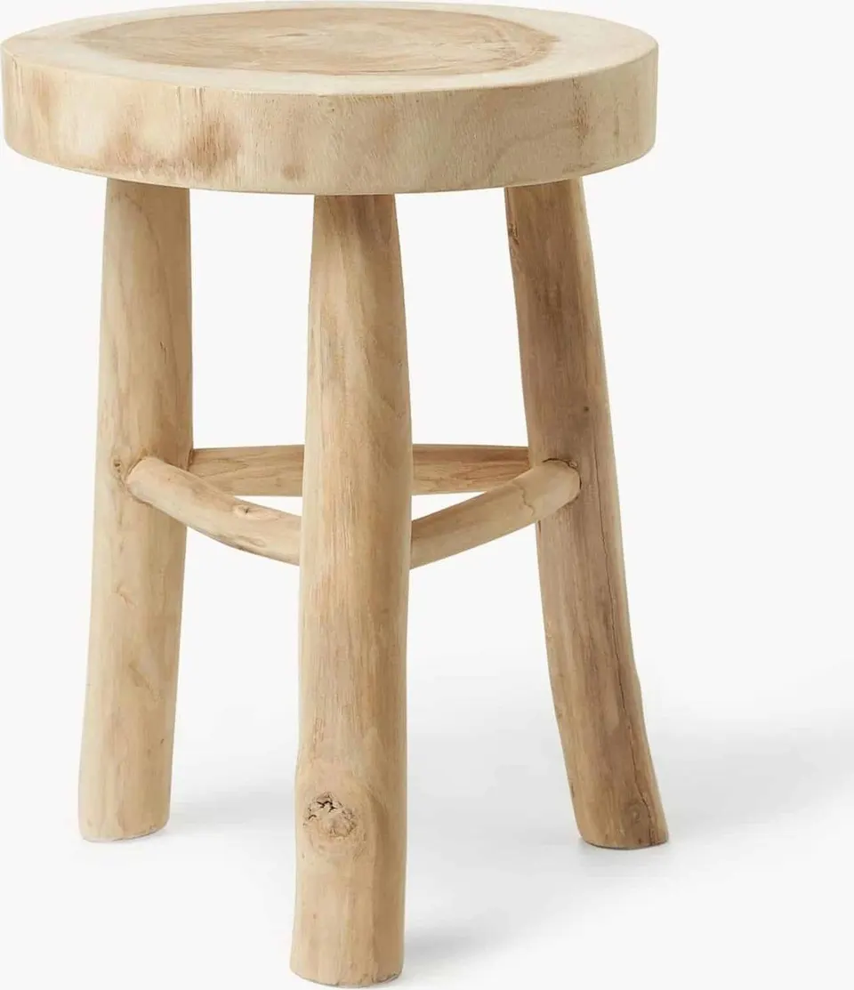 Runder Hocker aus hochwertigem Mungurholz mit natürlicher Maserung und robustem Design